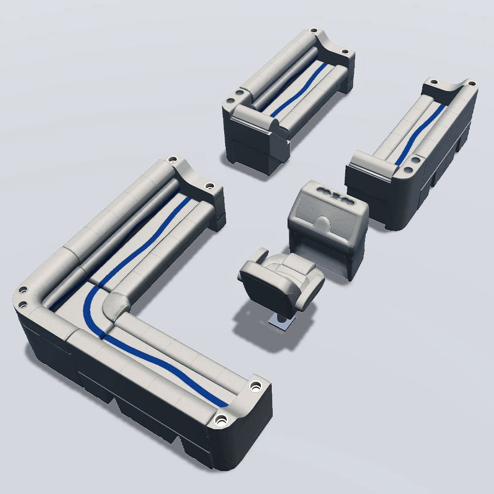 Side entry aft L-bench pontoon seat package with cupholder bow double bench and lean back seats back #color_ivory, blue & tan