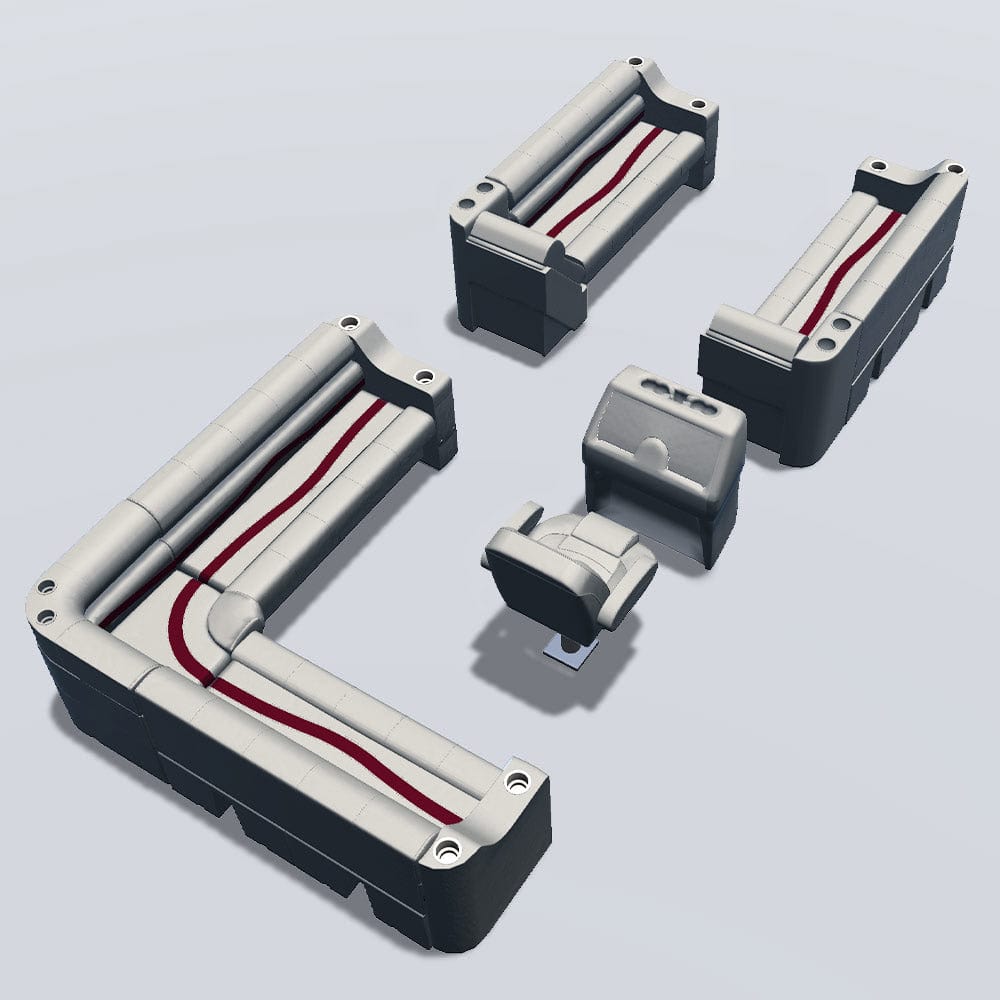 Side entry aft L-bench pontoon seat package with cupholder bow double bench and lean back seats back #color_ivory, burgundy & tan