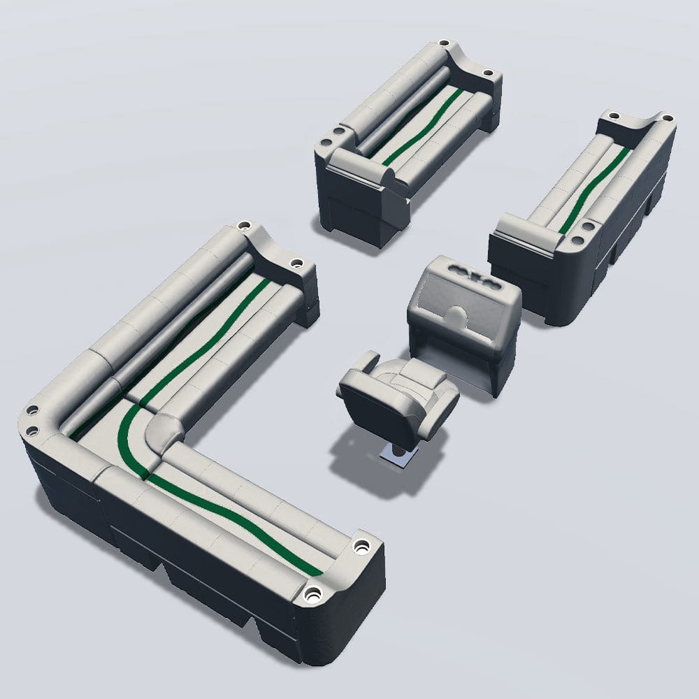 Side entry aft L-bench pontoon seat package with cupholder bow double bench and lean back seats back #color_ivory, green & tan