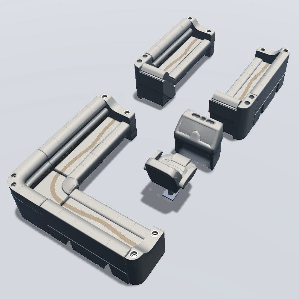 Side entry aft L-bench pontoon seat package with cupholder bow double bench and lean back seats back #color_ivory, tan & beige