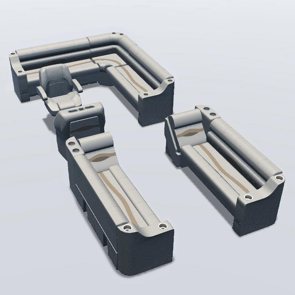 Side entry aft L-bench pontoon seat package with cupholder bow double bench and lean back seats #color_ivory, tan & beige