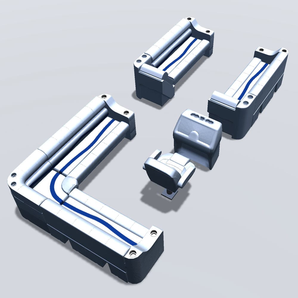 Side entry aft L-bench pontoon seat package with cupholder bow double bench and lean back seats #color_white, blue & light blue