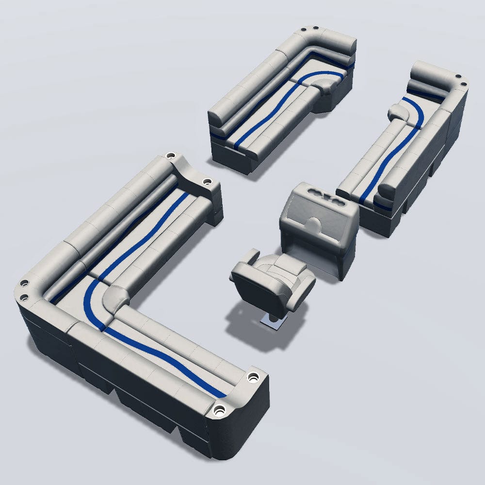 Side entry aft L-bench pontoon seat package with bow double bench and corner seats back #color_ivory, blue & tan