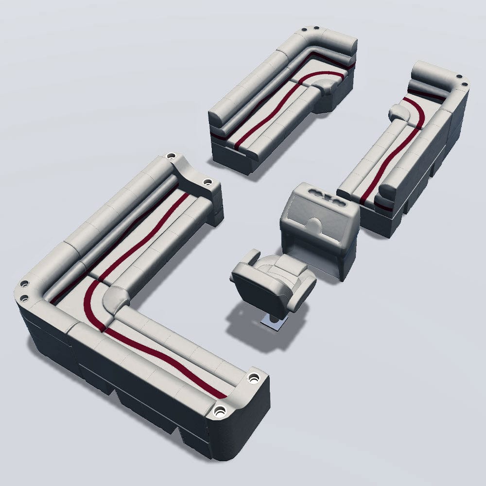 Side entry aft L-bench pontoon seat package with bow double bench and corner seats back #color_ivory, burgundy & tan