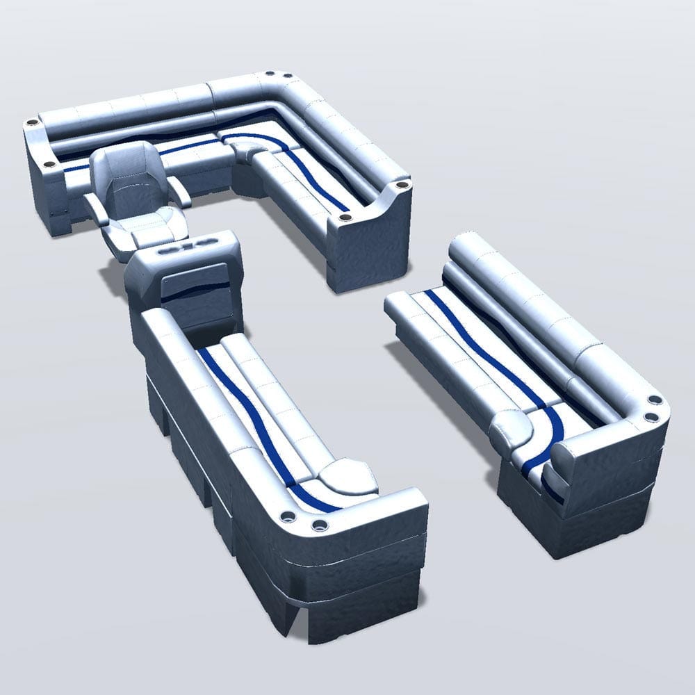 Side entry aft L-bench pontoon seat package with bow double bench and corner seats #color_white, blue & light blue