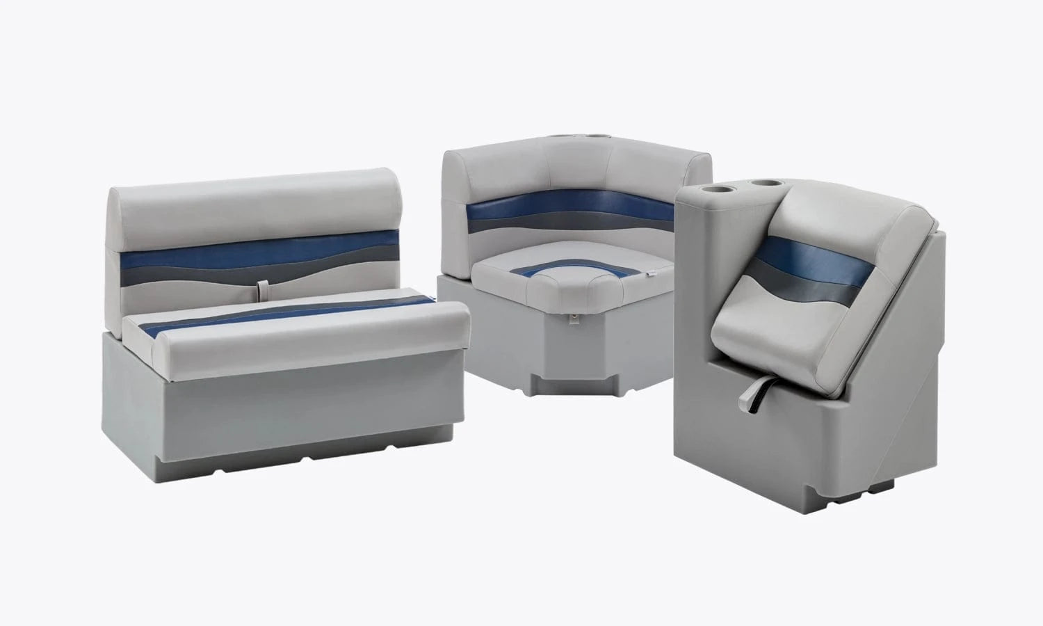 Pontoon Boat Seat Classic Collection with Bench Seat, Corner Seat, & Lean Back Seat in a Gray, Blue, and Charcoal Color