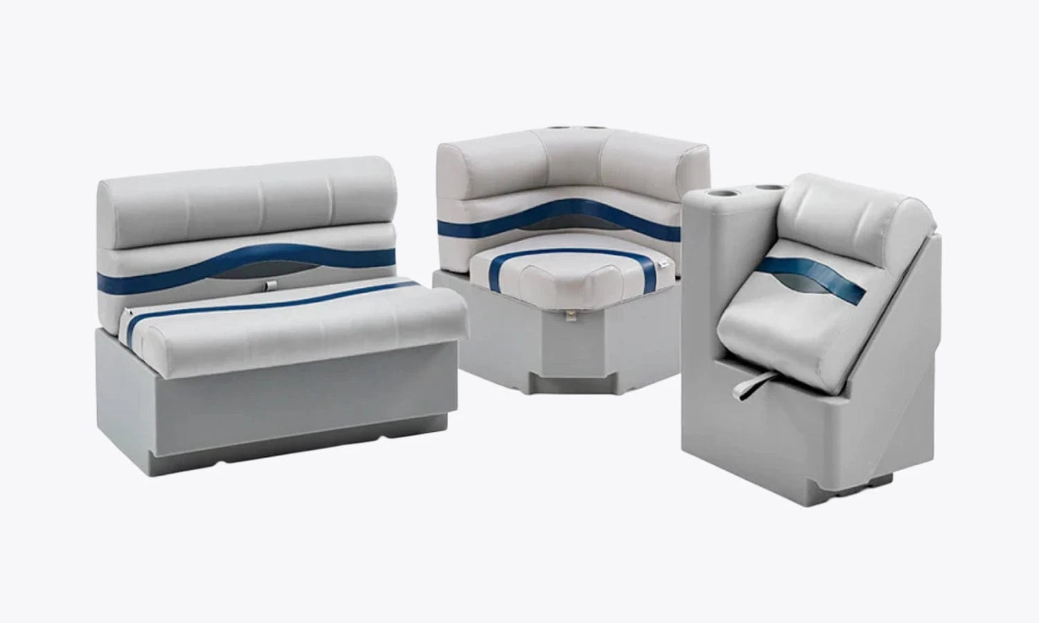 Pontoon Boat Seat Premium Collection with Bench Seat, Corner Seat, and Lean back seat in Gray, Blue. and Charcoal