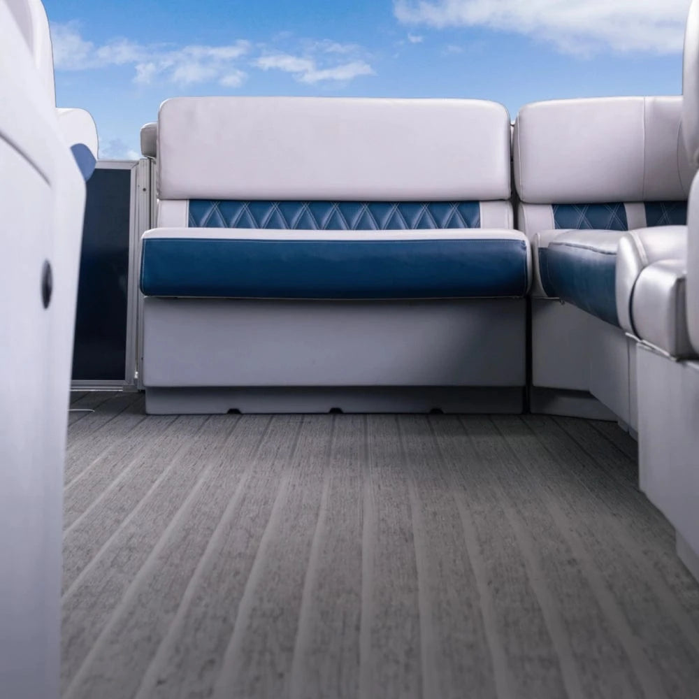 Luxury Pontoon Bench Seat on a pontoon boat with a teak deck
