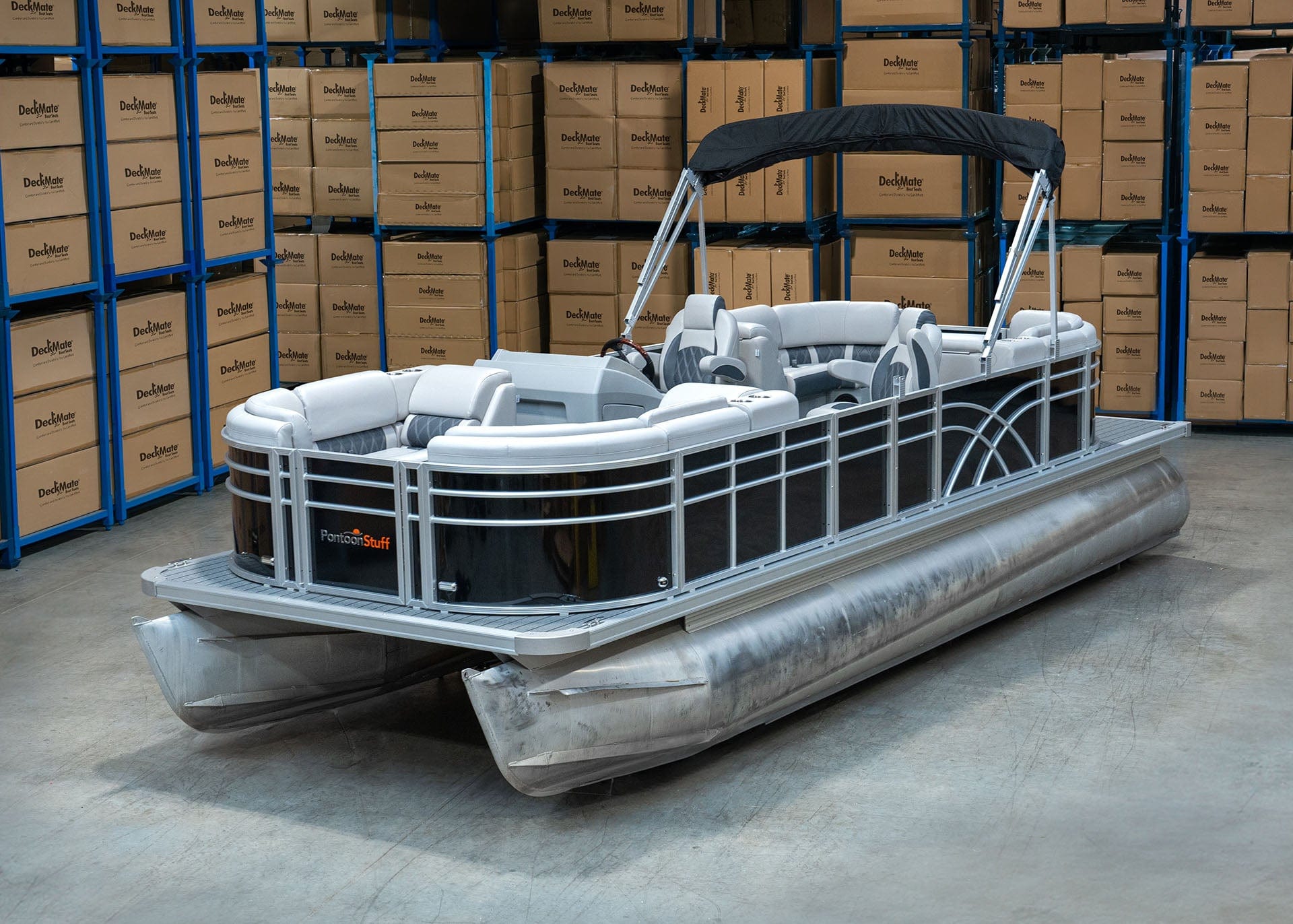Pontoon Stuff Full Pontoon Boat Build with Luxury Furniture in the Deckmate Warehouse
