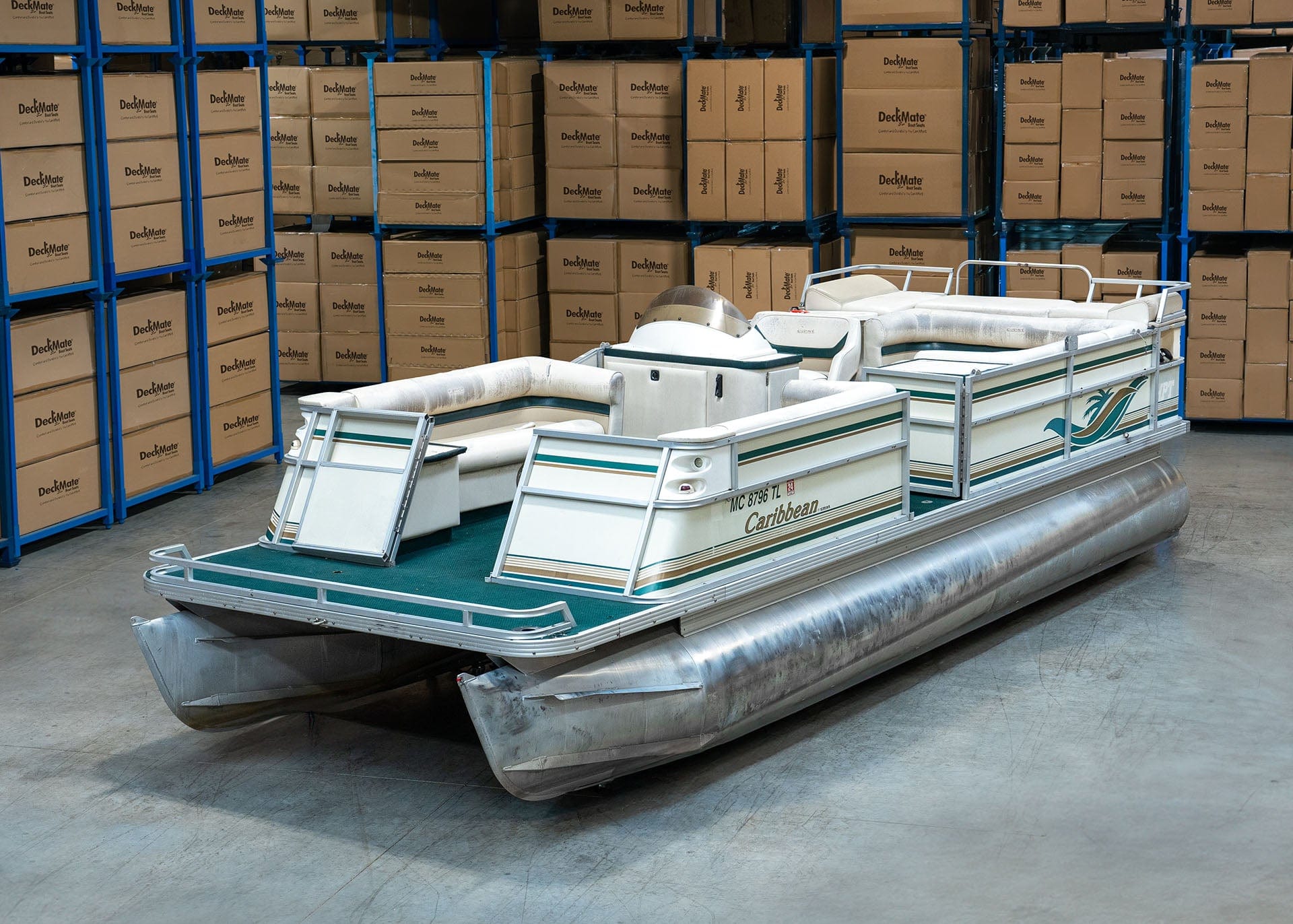 Old Pontoon Boat before image in Deckmate Warehouse