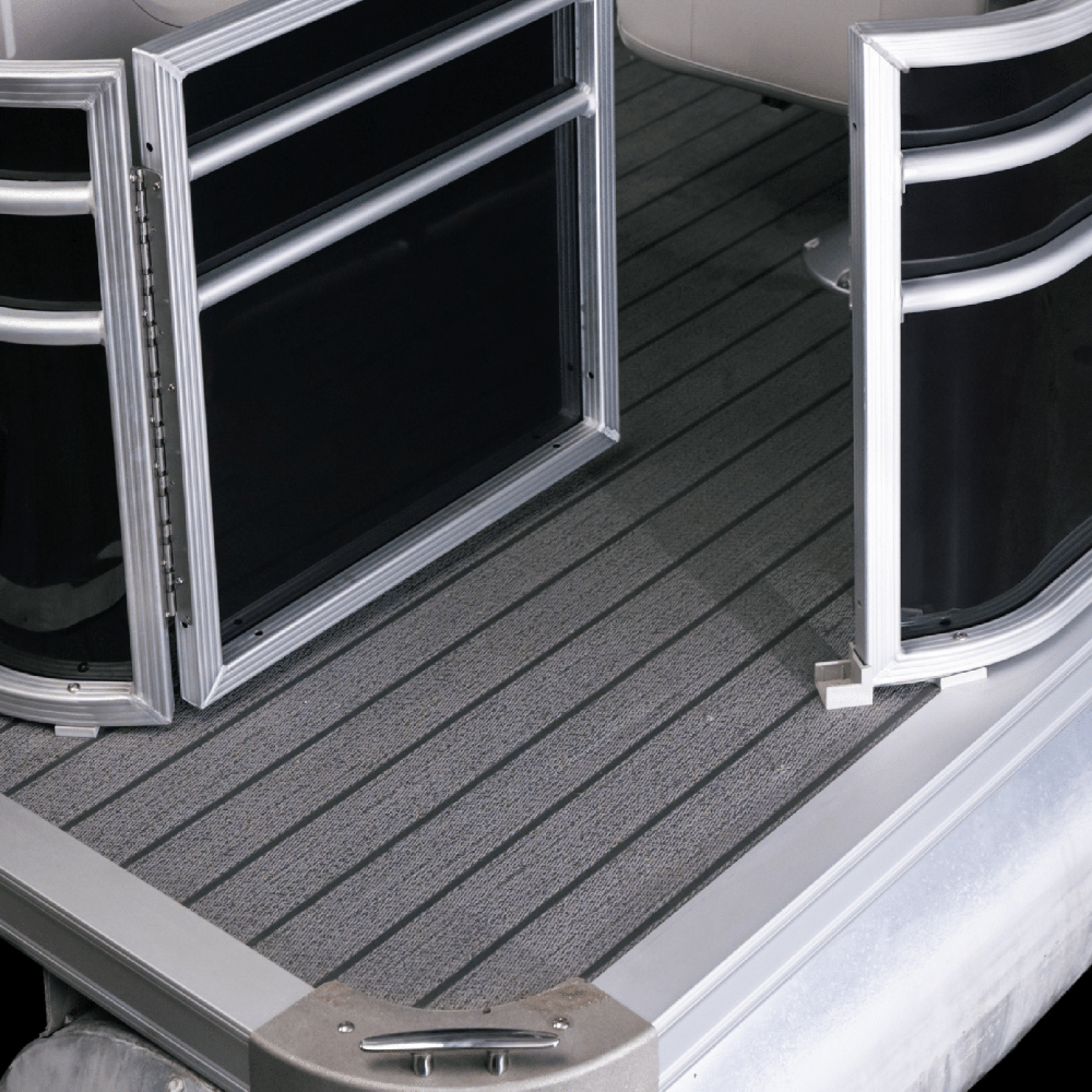 Vinyl flooring on pontoon boat and black fence