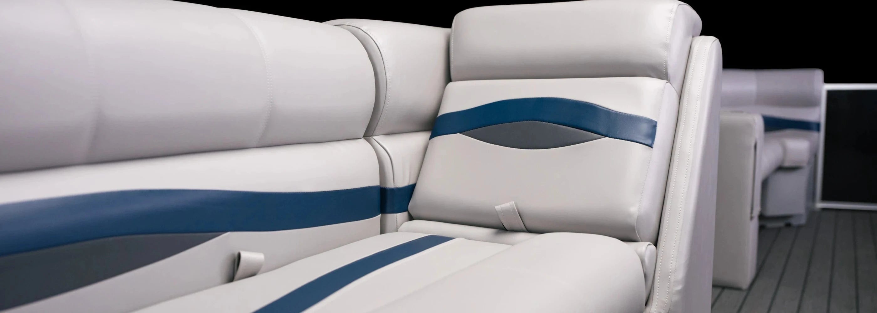 Close up image of premium pontoon furniture lean back and bench seats