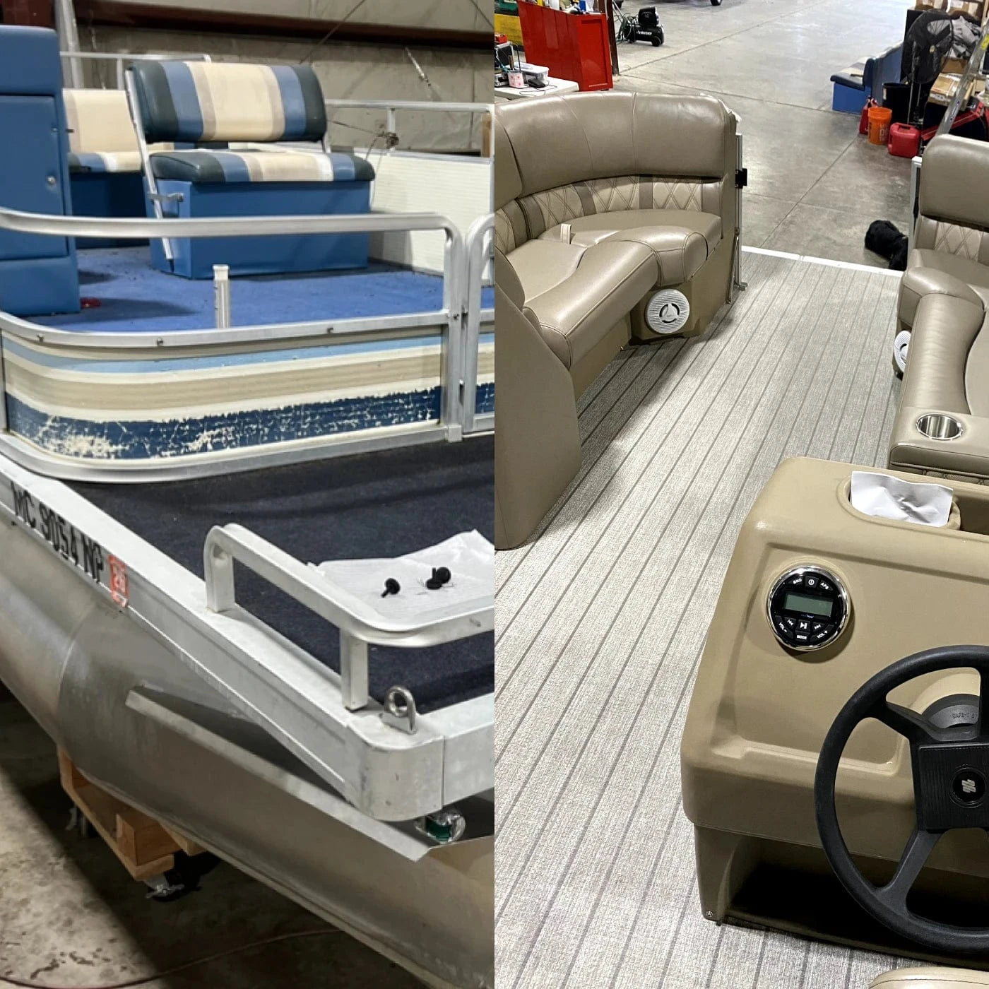 before and after image showing the difference between a messy and clean pontoon boat
