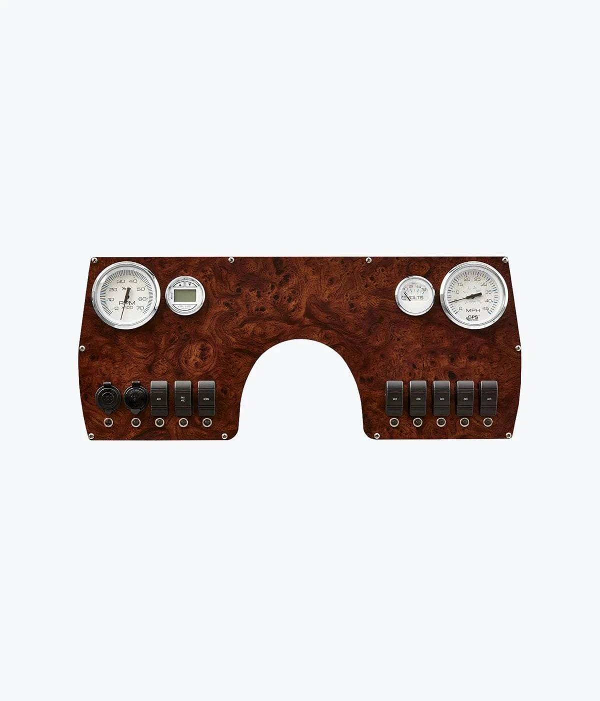 Burlwood switch panel with gauges and switches