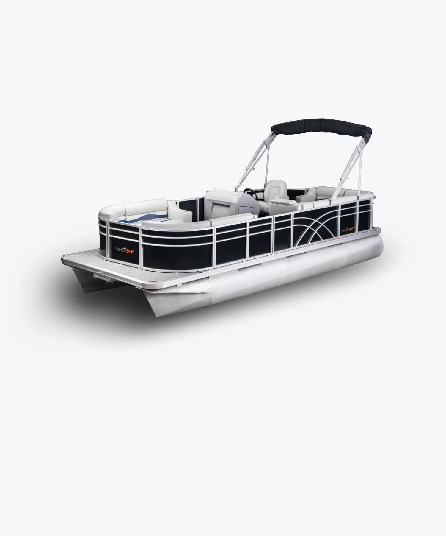 Pontoon boat with black stern entry fencing, bimini top, Premium bench seats, corner seats, lean back, helm chair, and console