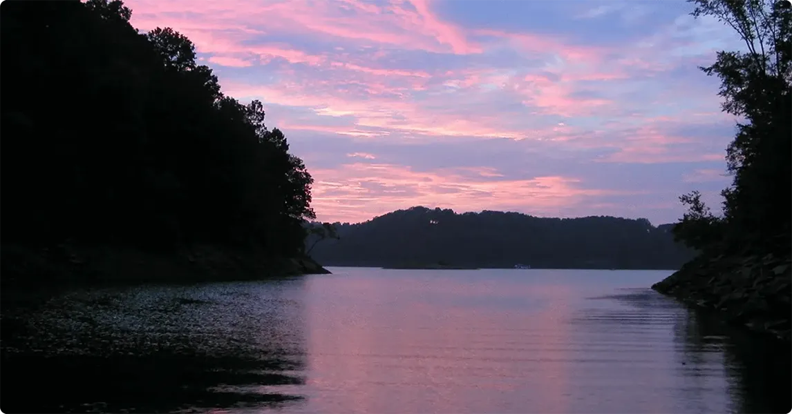 Evening scene with a lake and silhouette of trees against a pink and purple sky.