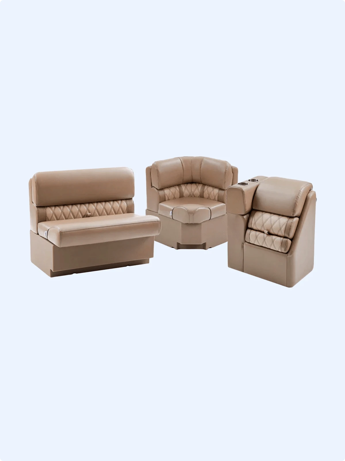 Luxury pontoon boat seat collection beige bench seats, corner seats, and lean back seats