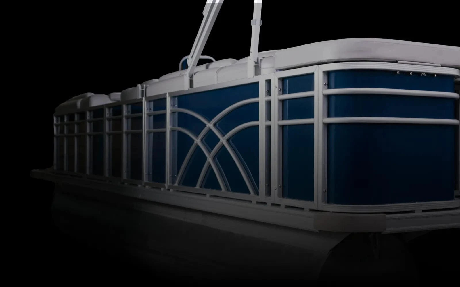 Pontoon navy boat fencing with signature panel, sun deck,