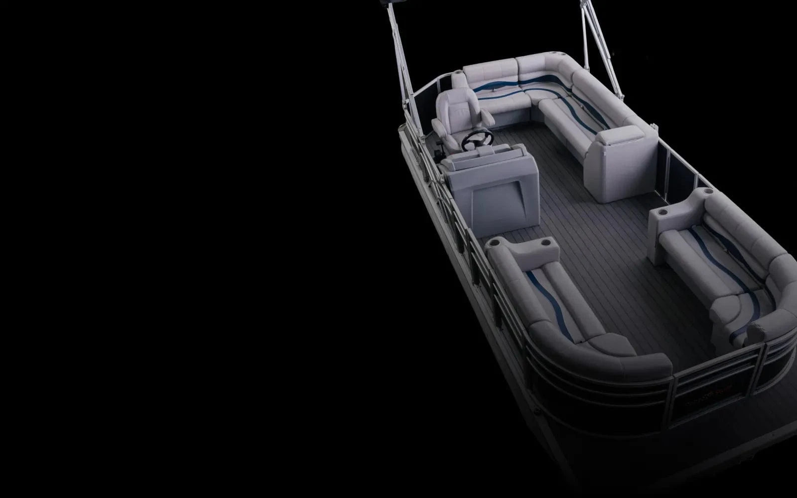 Pontoon boat with premium furniture featuring leanback, bench, corner bench, cupholder, console, and a helm chair