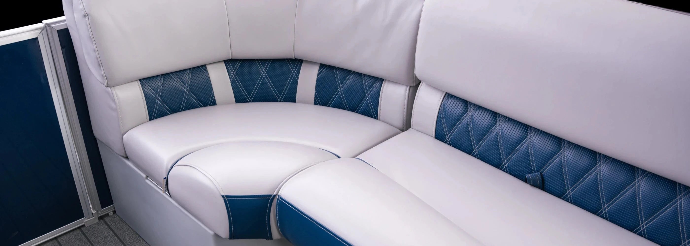 Luxury pontoon boat seat corner and bench seat navy and gray