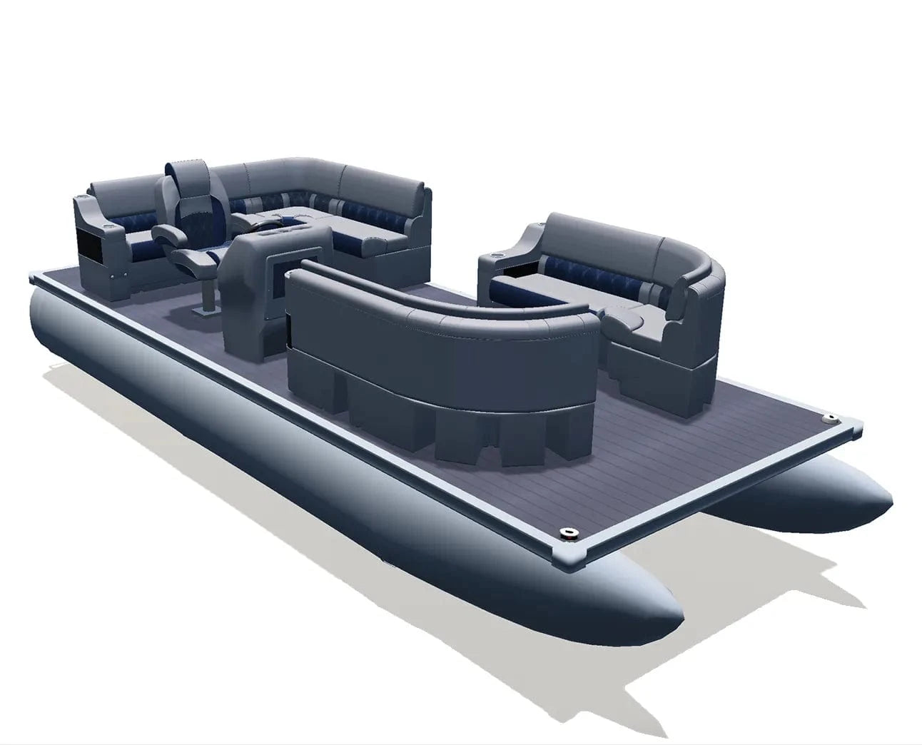Pontoon boat deck with furniture and no fencing