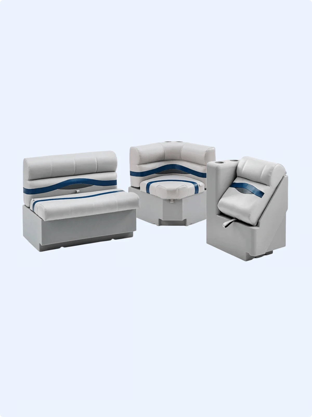 Premium pontoon boat seat collection gray blue and charcoal bench seats, corner seats, and lean back seats