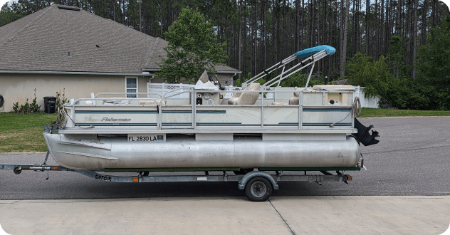 Pontoon boat on a trailer
