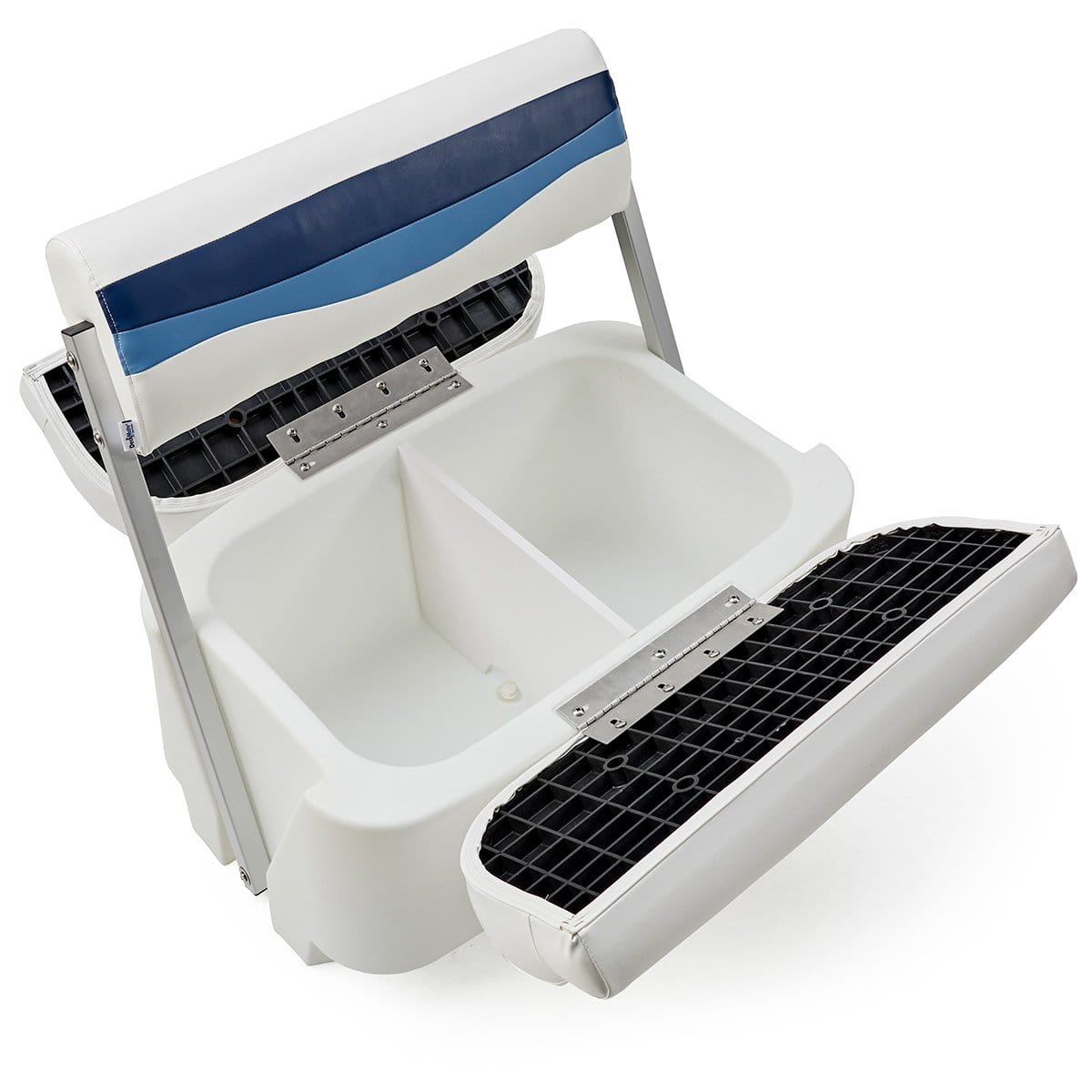 DeckMate Classic Pontoon Boat Flip Flop Seat opened #color_white, blue & light blue