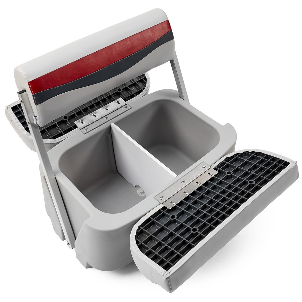DeckMate Classic Pontoon Boat Flip Flop Seat opened #color_gray, red & charcoal