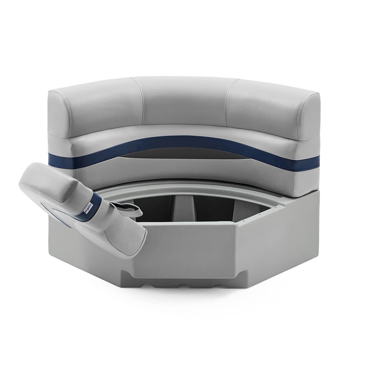DeckMate Pontoon Boat Corner Bow Seat open #color_gray, blue & charcoal