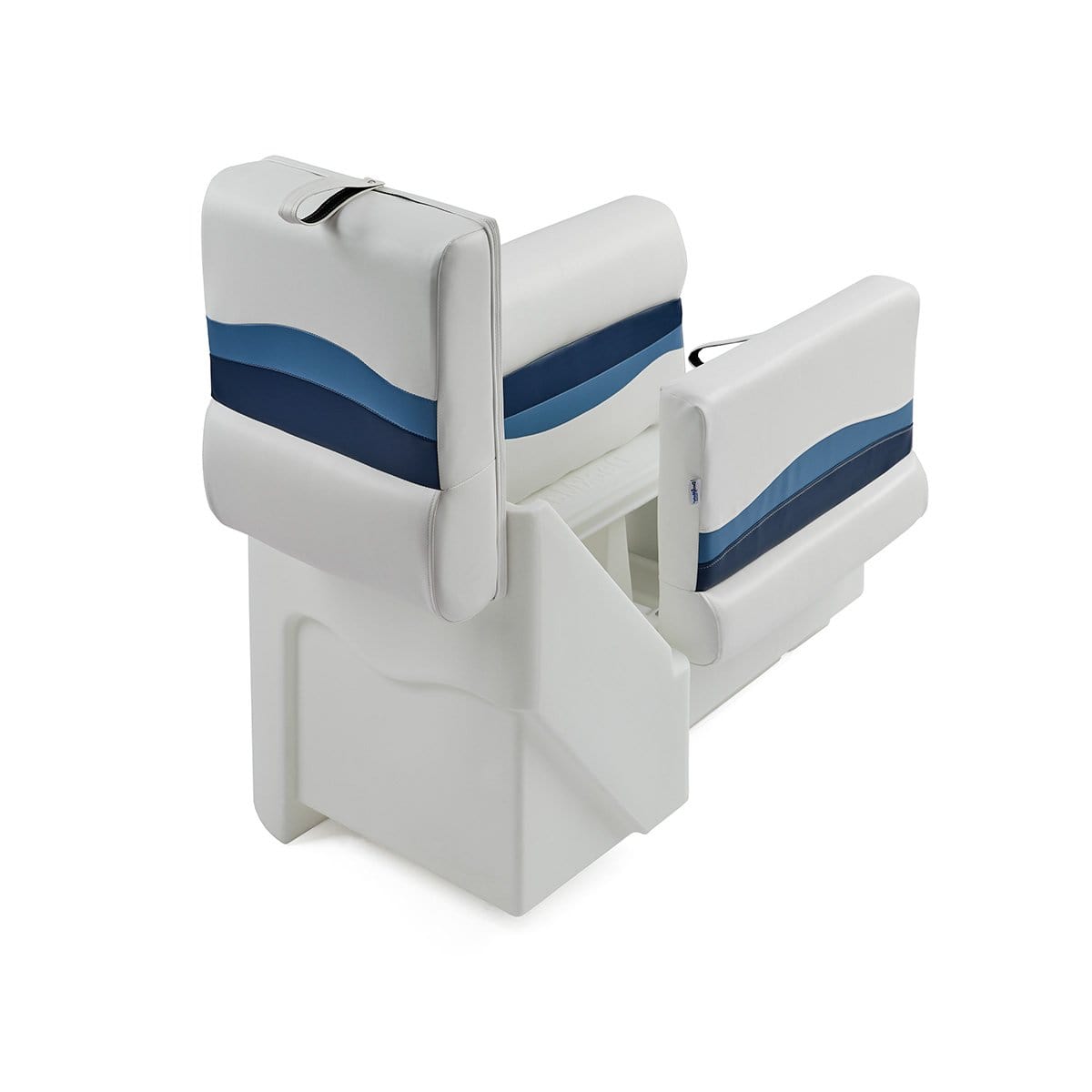 DeckMate Classic Right Lean Back Boat Seat attached open #color_white, blue & light blue