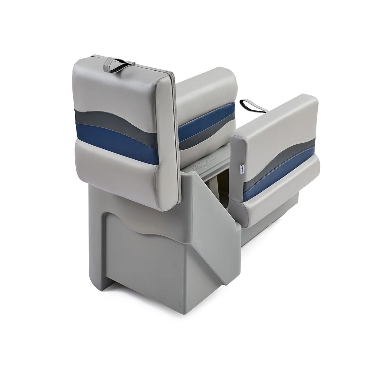 DeckMate Classic Right Lean Back Boat Seat attached open #color_gray, blue & charcoal