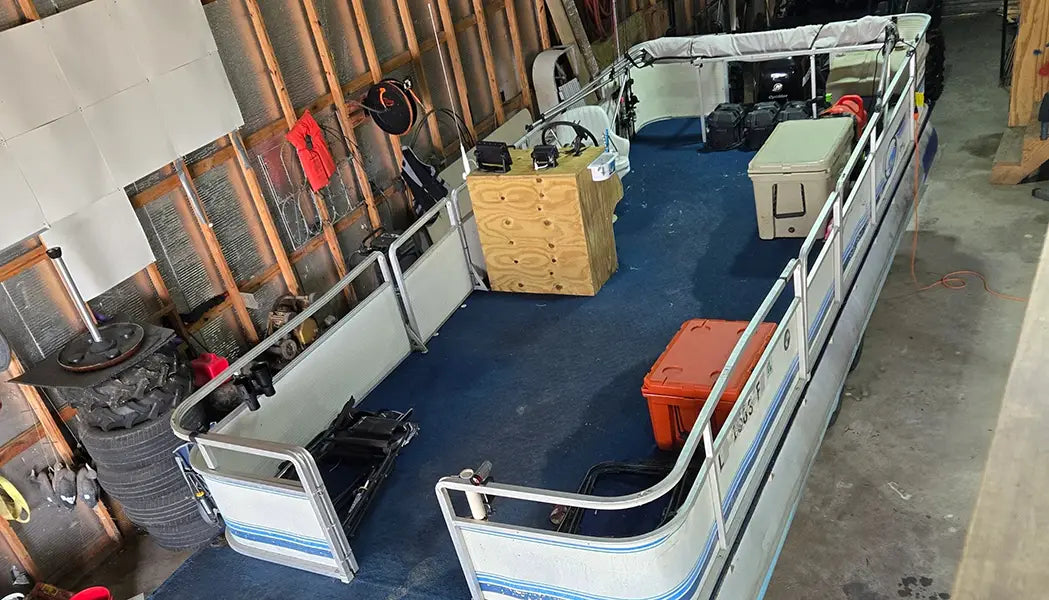 Old pontoon boat without furniture