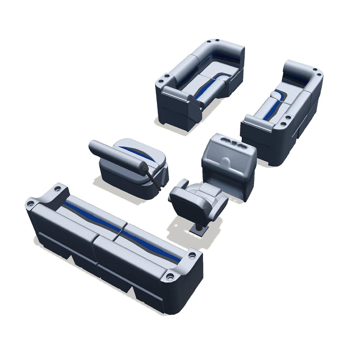 Side entry midship flip flop pontoon seat package with bow double bench lean back seats and corner seats back #color_gray, blue & charcoal