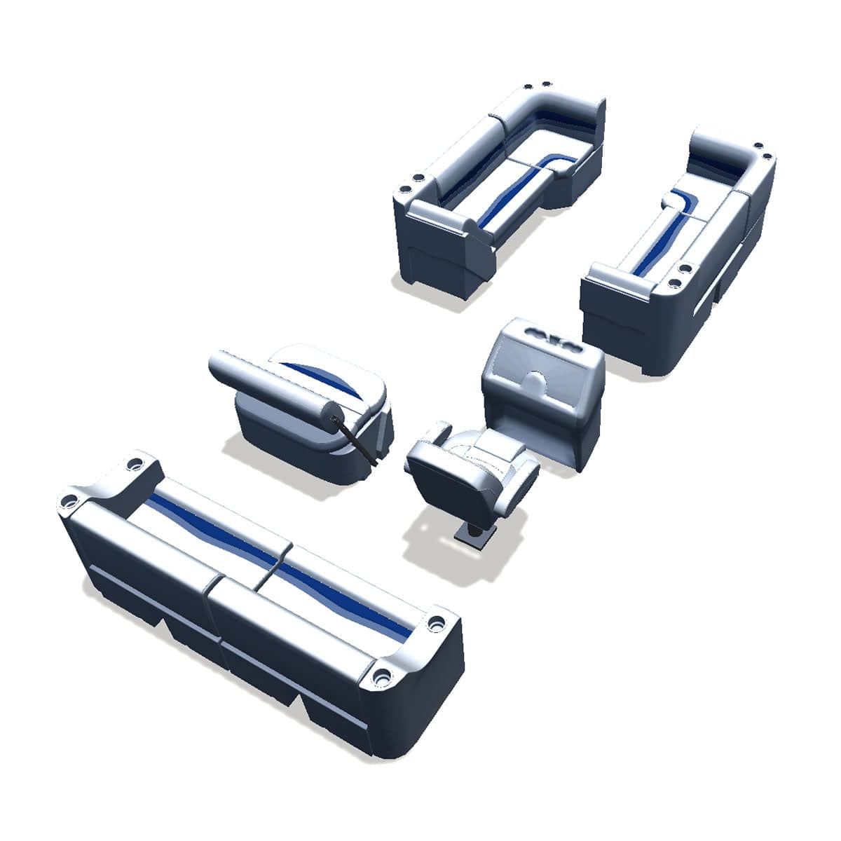 Side entry midship flip flop pontoon seat package with lean back bow double bench and corner seats back #color_white, blue & light blue