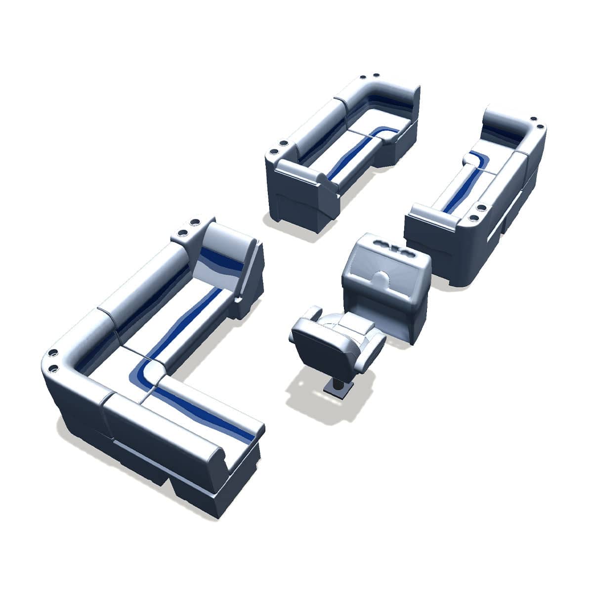 Stern entry pontoon seat package with lean back bow double bench and corner seats back #color_white, blue & light blue