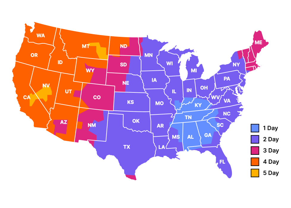 Map of the United States with colorblind friendly colors showing shipping distances
