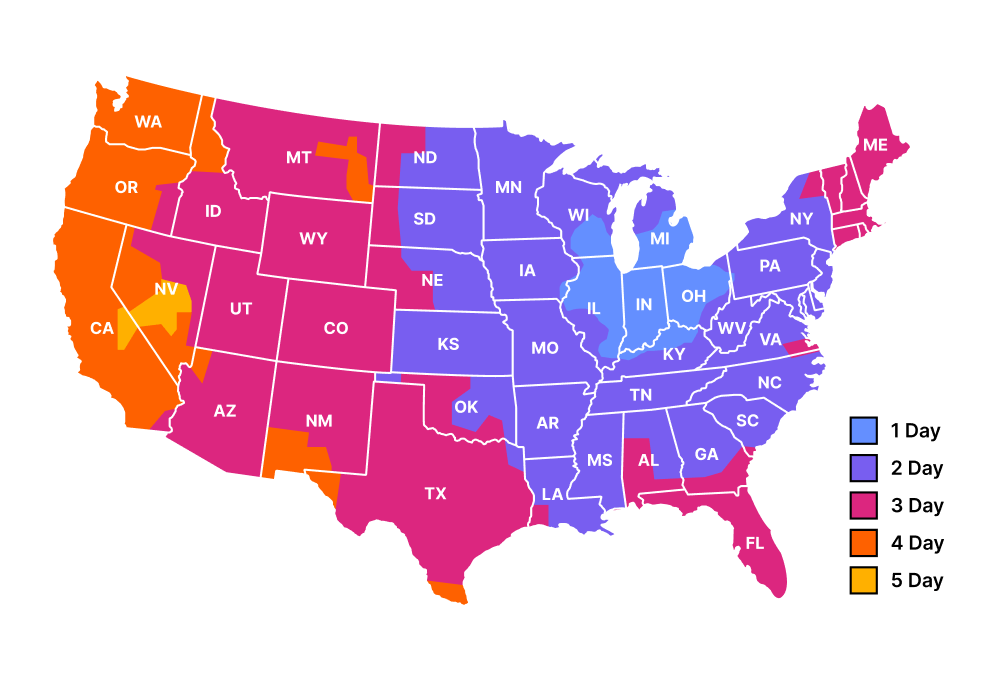 Map of the United States with colorblind friendly colors showing shipping distances
