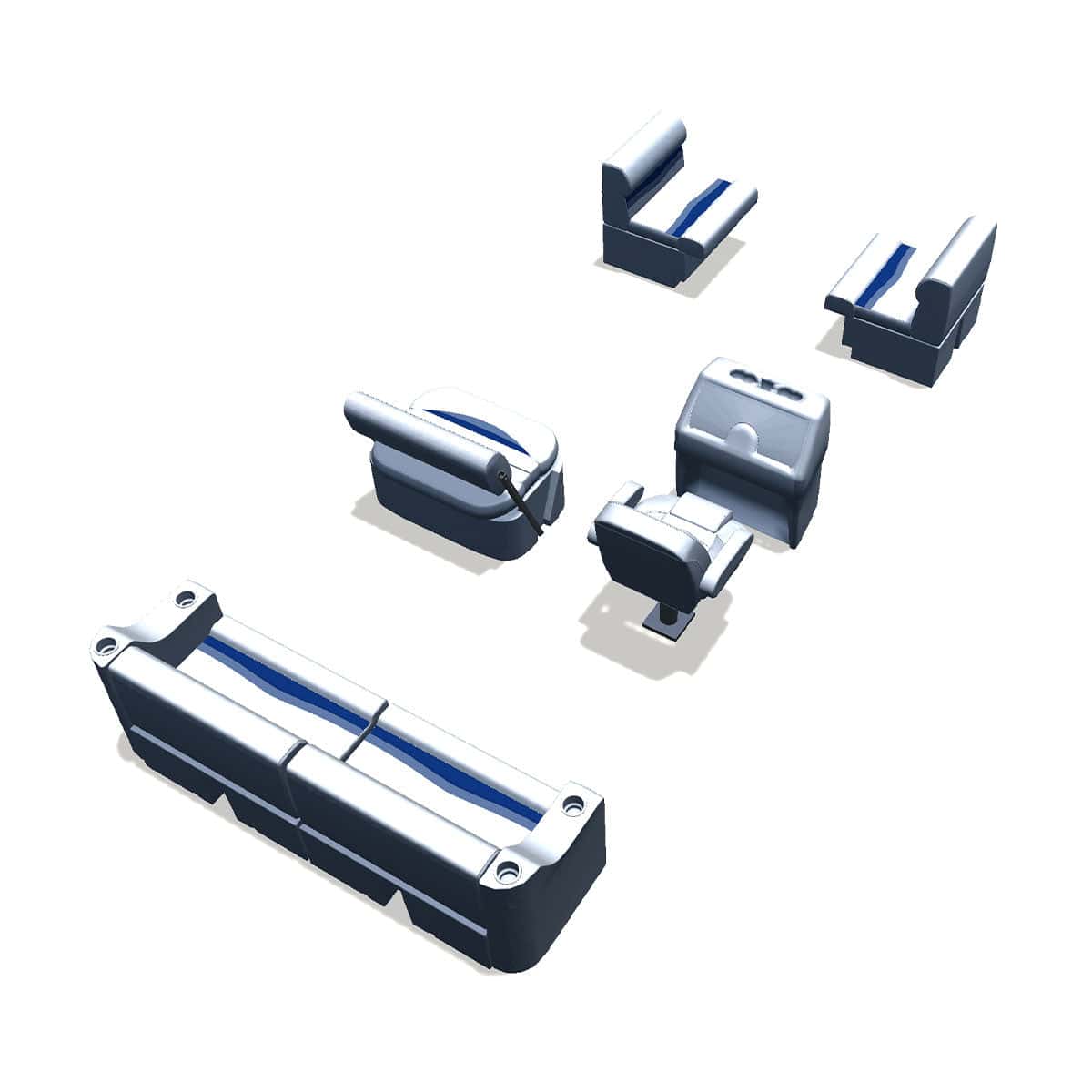 Side entry midship flip flop pontoon seat package with bow double bench back #color_white, blue & light blue