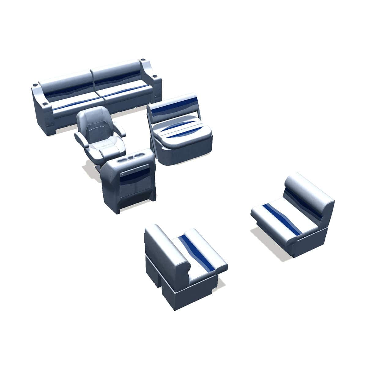 Side entry midship flip flop pontoon seat package with bow double bench #color_white, blue & light blue