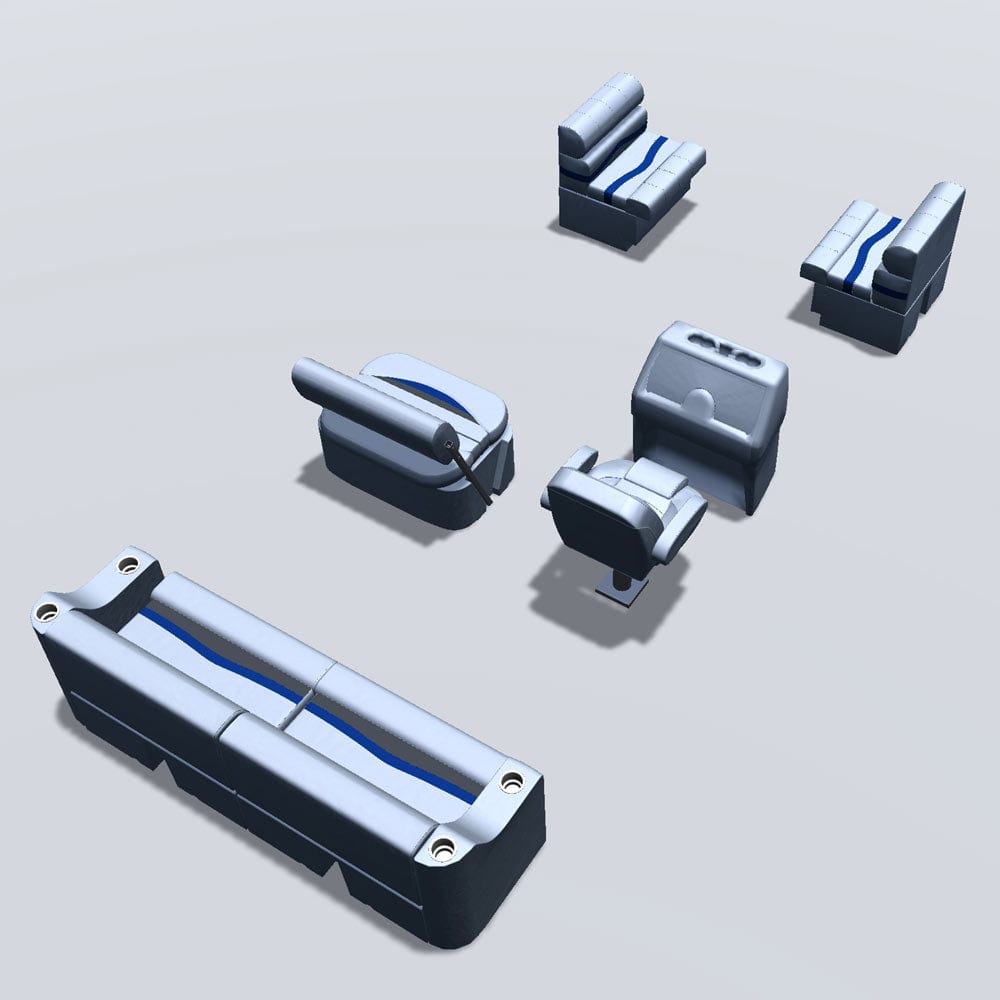 Side entry midship flip flop pontoon seat package with bow double bench back #color_gray, blue & charcoal