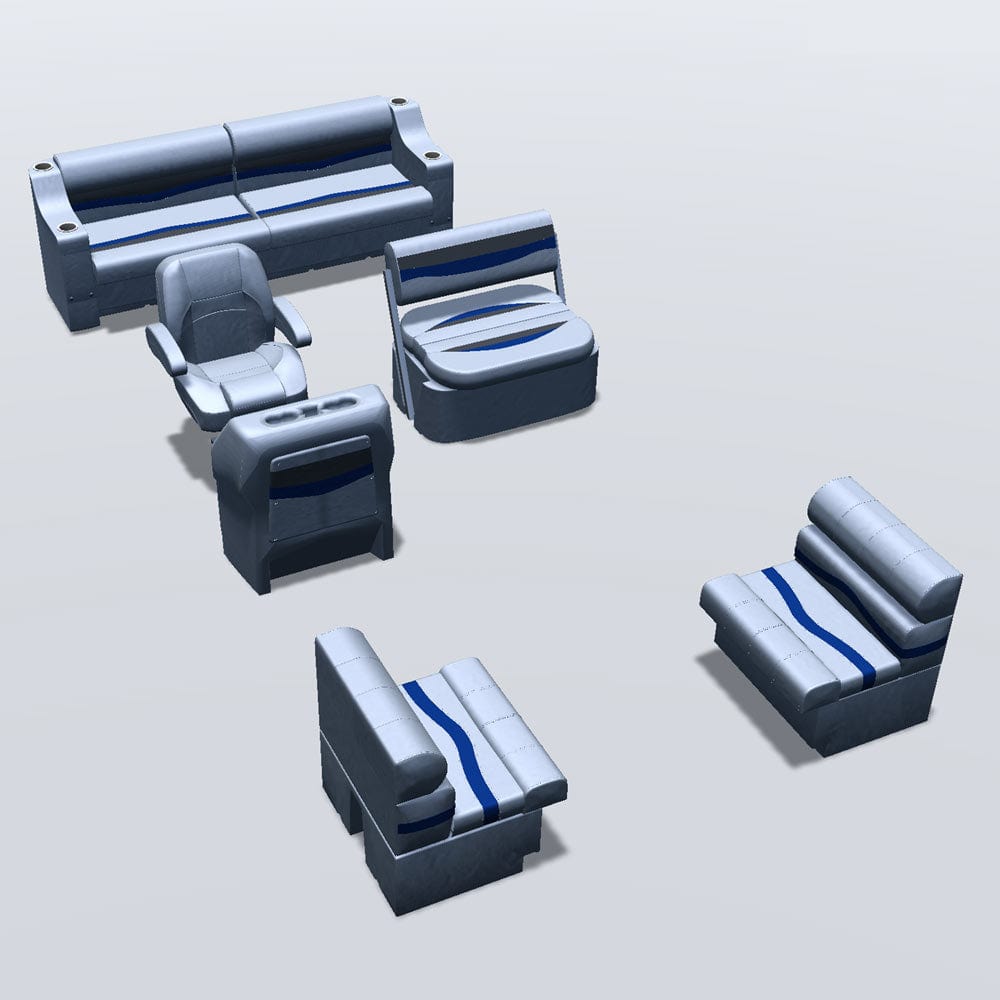 Side entry midship flip flop pontoon seat package with bow double bench #color_gray, blue & charcoal