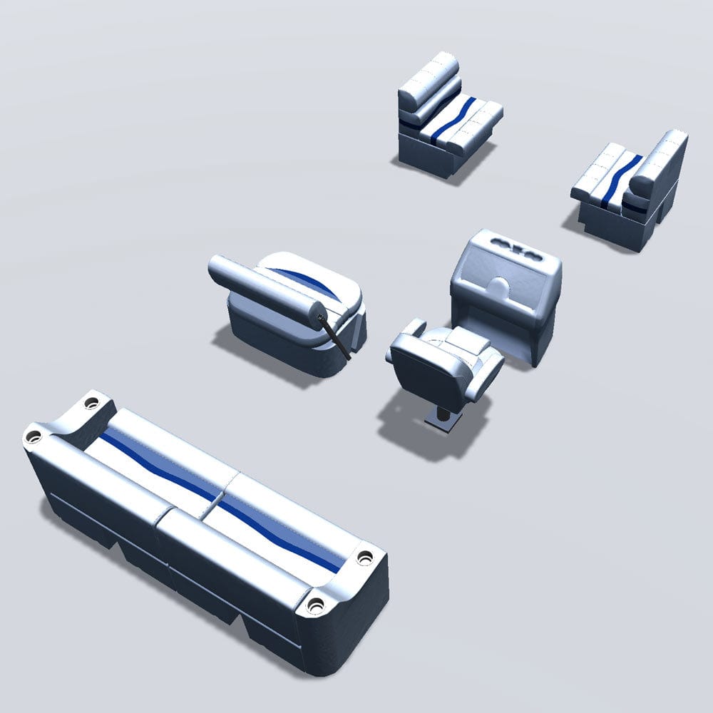 Side entry midship flip flop pontoon seat package with bow double bench back #color_white, blue & light blue