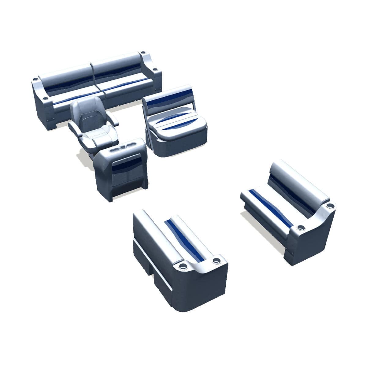 Side entry midship flip flop pontoon seat package with cupholder bow double bench seats #color_white, blue & light blue