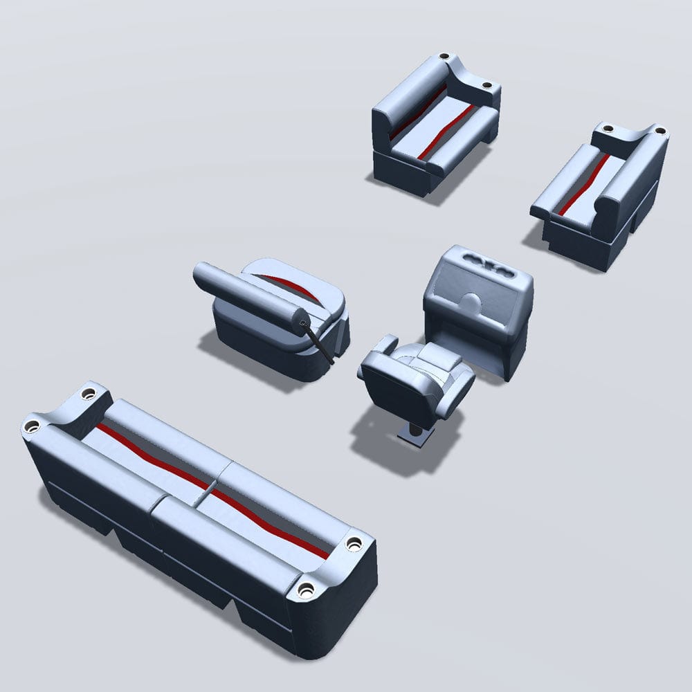 Side entry midship flip flop pontoon seat package with cupholder bow double bench seats back #color_gray, red & charcoal