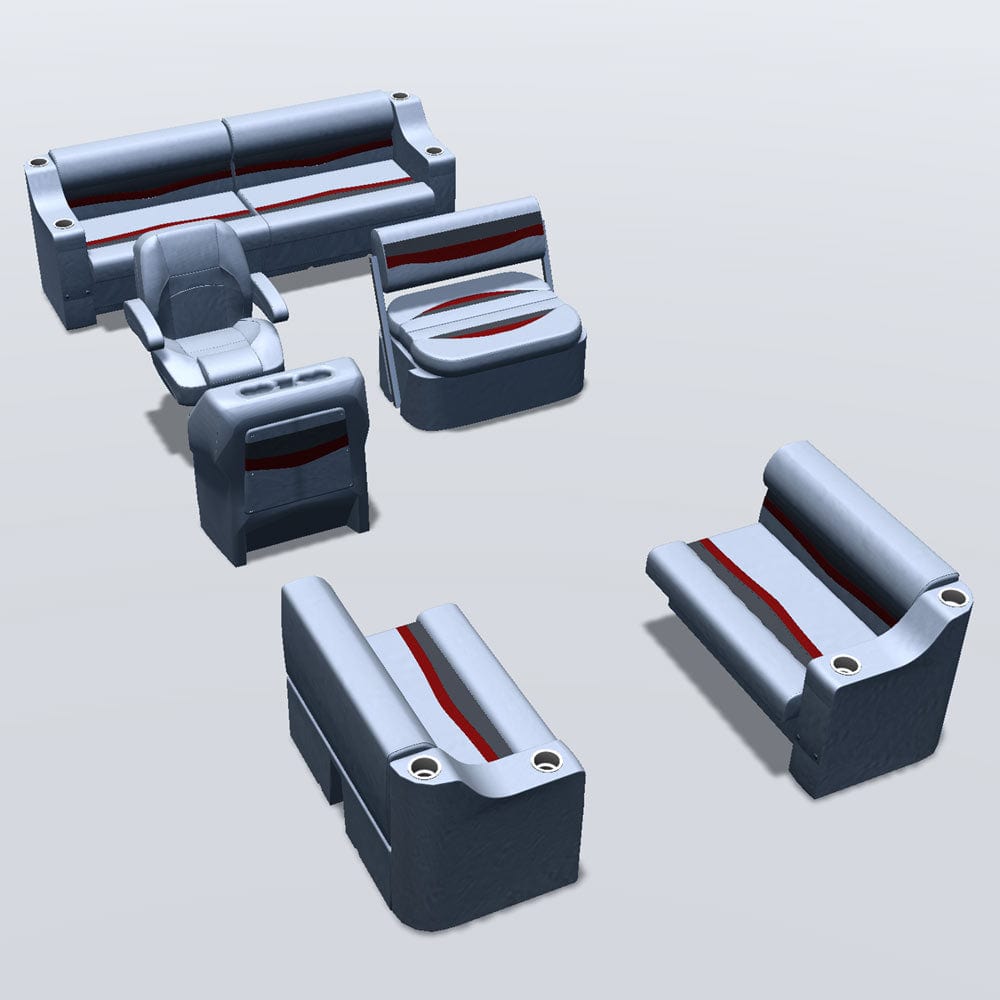 Side entry midship flip flop pontoon seat package with cupholder bow double bench seats #color_gray, red & charcoal
