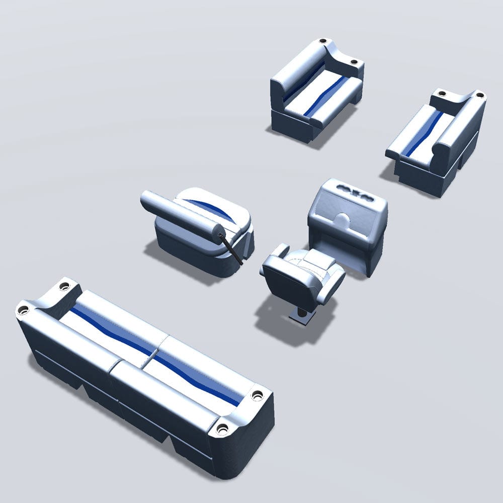 Side entry midship flip flop pontoon seat package with cupholder bow double bench seats back #color_white, blue & light blue