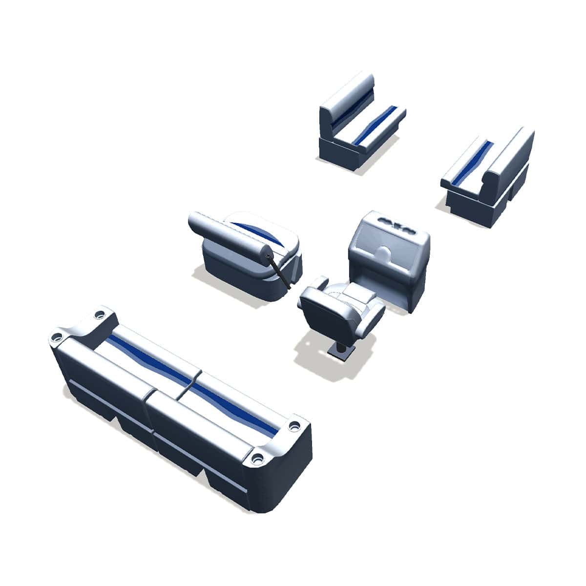 Side entry midship flip flop pontoon seat package with bow double bench back #color_white, blue & light blue