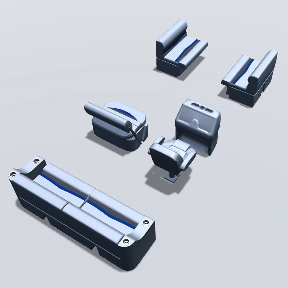 Side entry midship flip flop pontoon seat package with bow double bench back #color_gray, blue & charcoal