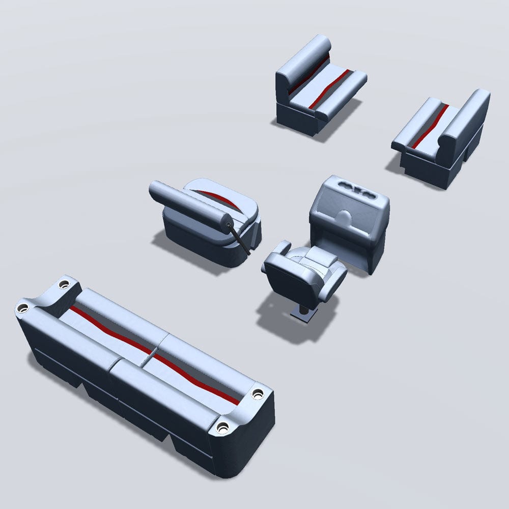 Side entry midship flip flop pontoon seat package with bow double bench back #color_gray, red & charcoal